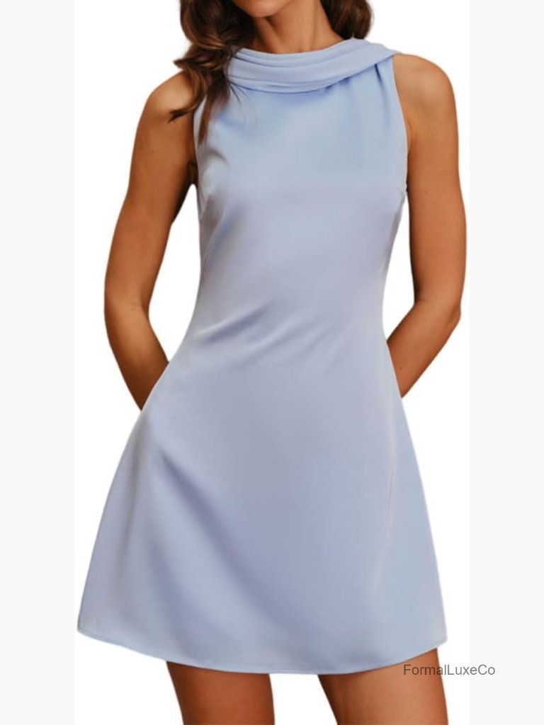 Satin Mini Dress Cowl Neck Backless A-Line Party Cocktail Dress Sleeveless